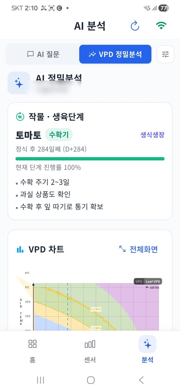 모바일 AI VPD 정밀분석 화면 — 작물 생육단계와 VPD 차트