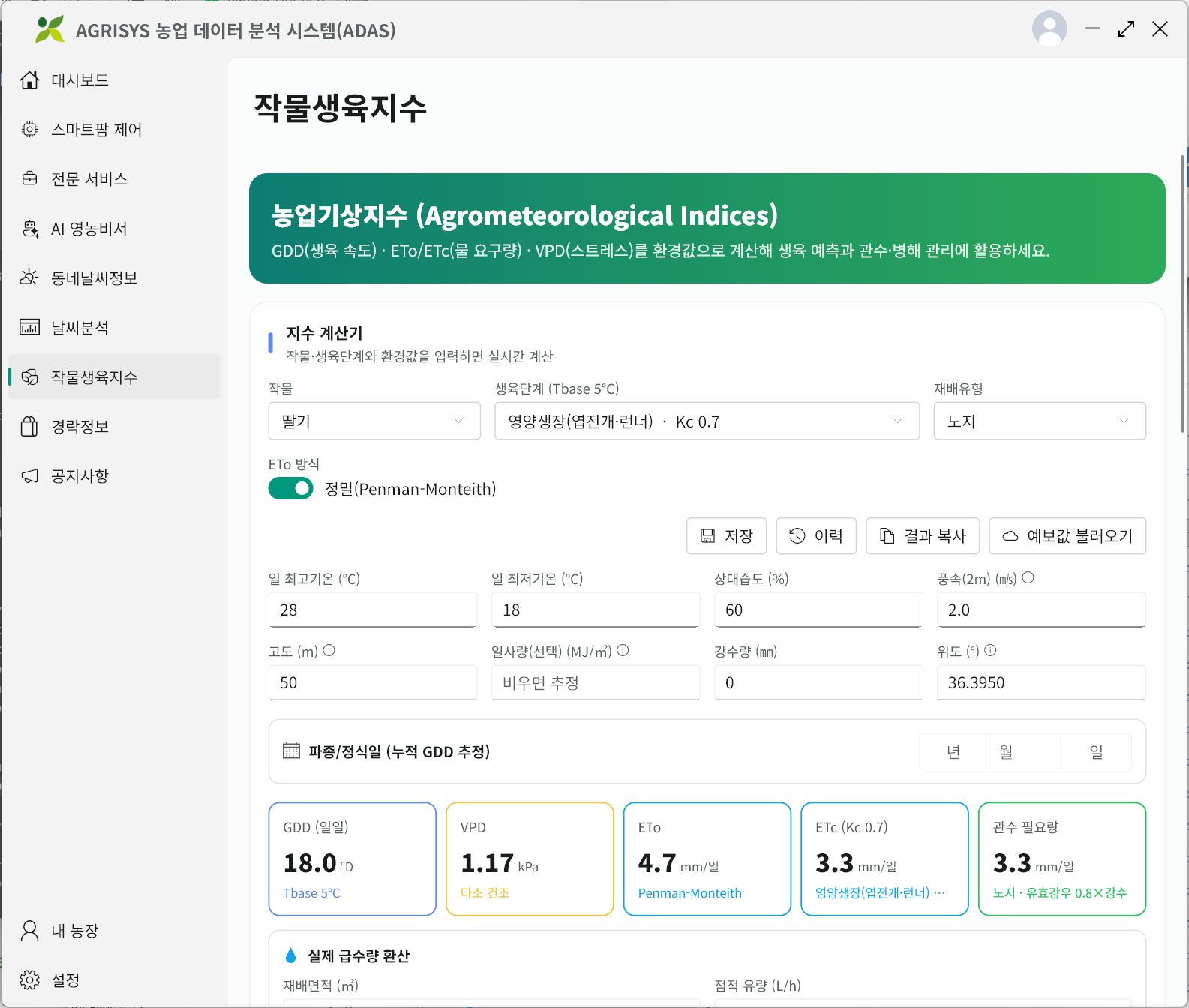 AGRISYS 작물생육지수 화면 — GDD·VPD·ETo·관수 필요량 실시간 계산기