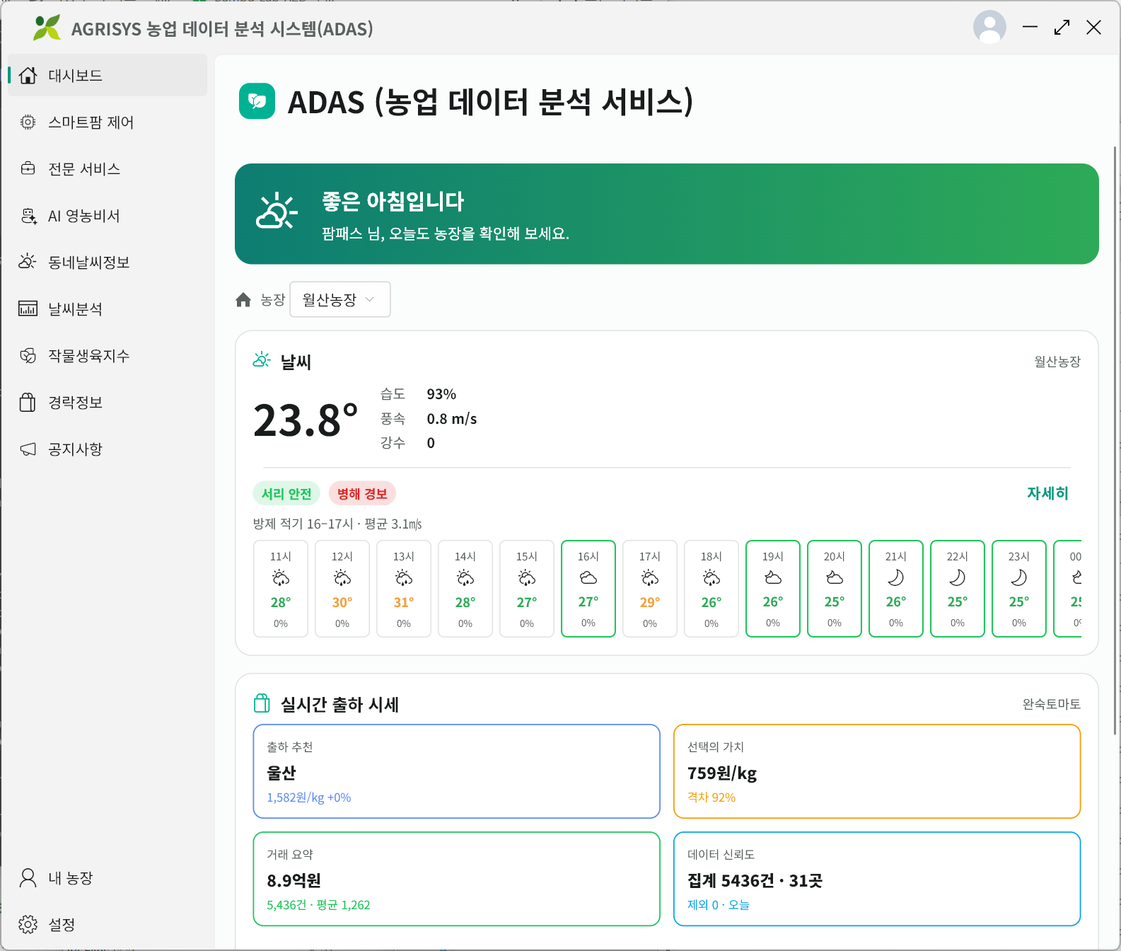 AGRISYS 농업 데이터 분석 시스템 대시보드 — 날씨, 병해 경보, 실시간 출하 시세, 데이터 신뢰도
