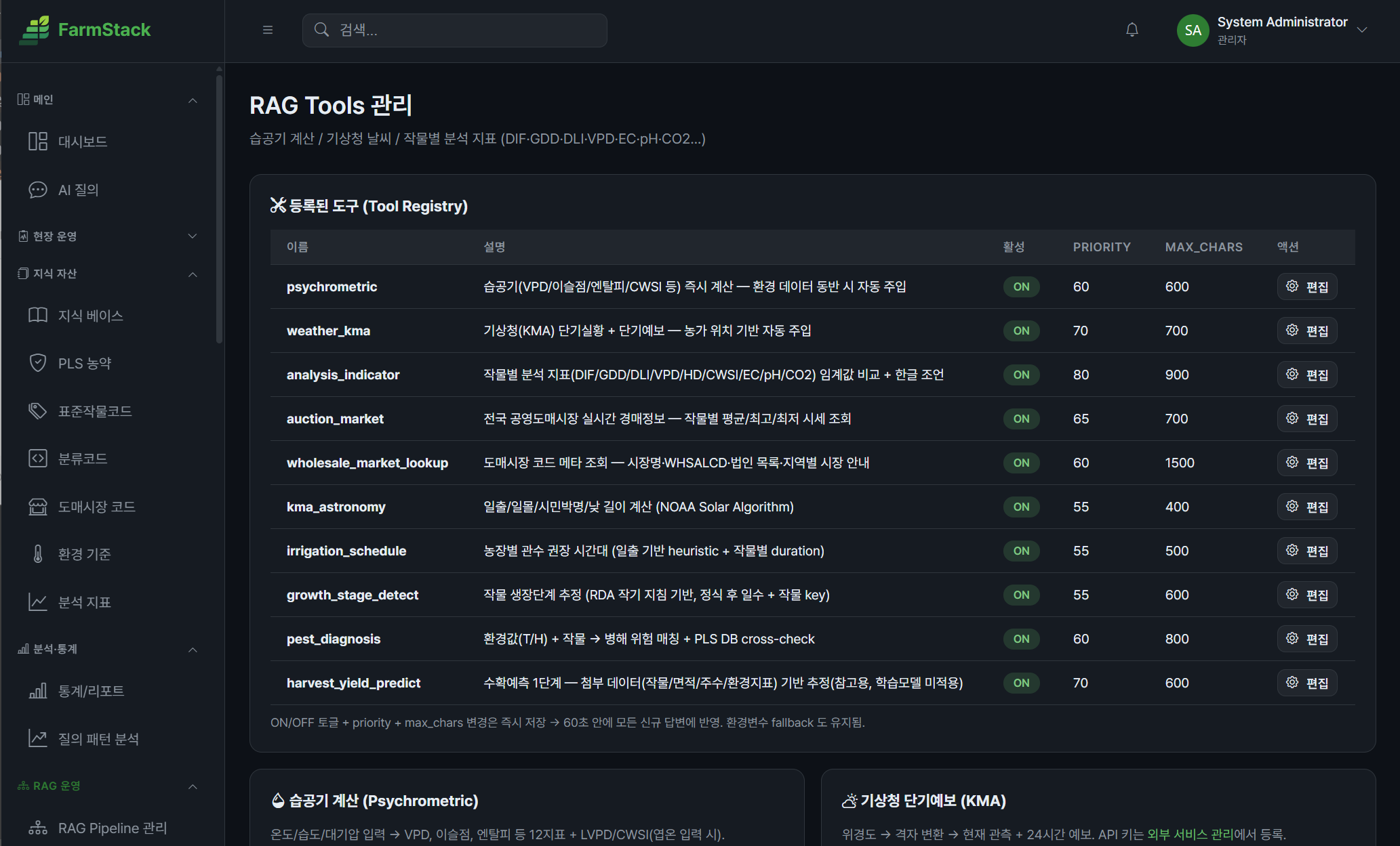 RAG Tools 관리 화면의 도구 목록 표